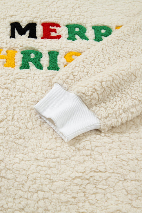 Textured Sherpa Fleece Graphic Letter Pullover Sweatshirt