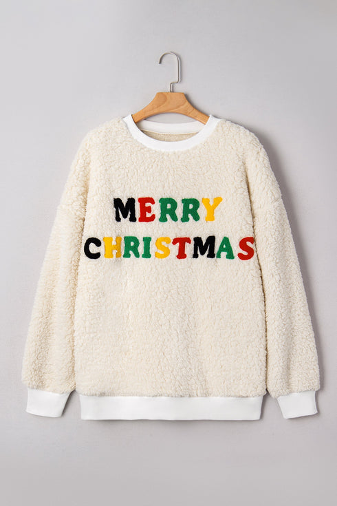 Textured Sherpa Fleece Graphic Letter Pullover Sweatshirt