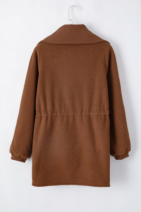 Textured Sherpa Fleece Half Zip Drawstring Waist Pullover