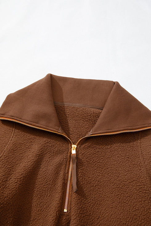 Textured Sherpa Fleece Half Zip Drawstring Waist Pullover