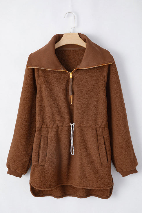 Textured Sherpa Fleece Half Zip Drawstring Waist Pullover