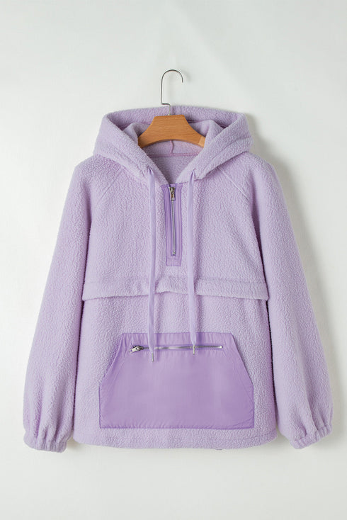 Textured Sherpa Half Zip Adjustable Pullover Hoodie