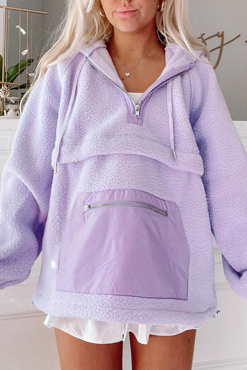 Textured Sherpa Half Zip Adjustable Pullover Hoodie
