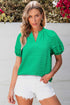 Textured Short Puff Sleeve Notched V Neck Blouse