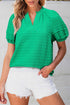 Textured Short Puff Sleeve Notched V Neck Blouse