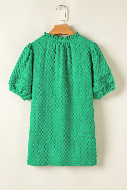 Textured Short Puff Sleeve Notched V Neck Blouse