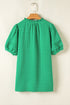 Textured Short Puff Sleeve Notched V Neck Blouse