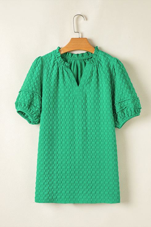 Textured Short Puff Sleeve Notched V Neck Blouse