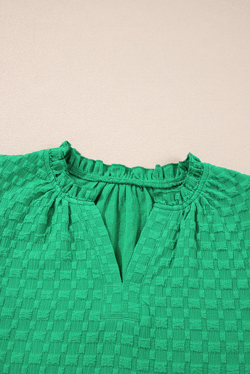 Textured Short Puff Sleeve Notched V Neck Blouse