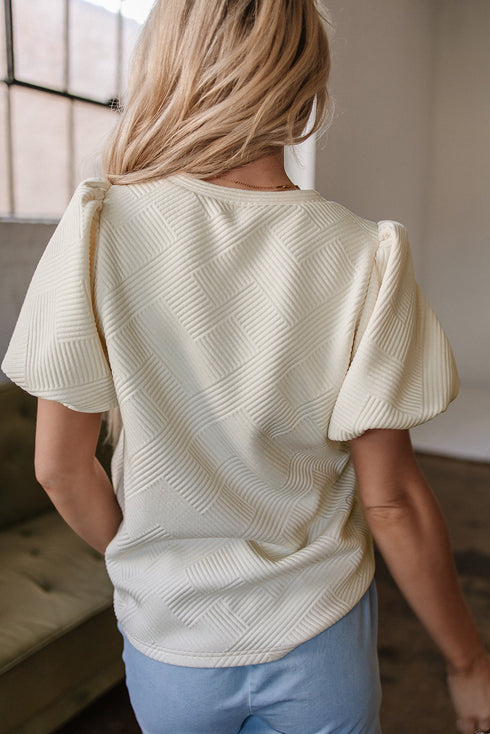 Textured Short Puff Sleeve Round Neck Pullover Top