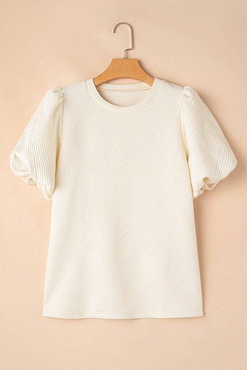 Textured Short Puff Sleeve Round Neck Pullover Top