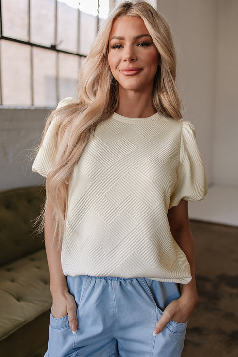 Textured Short Puff Sleeve Round Neck Pullover Top
