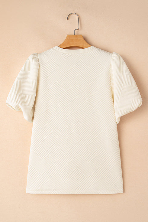 Textured Short Puff Sleeve Round Neck Pullover Top