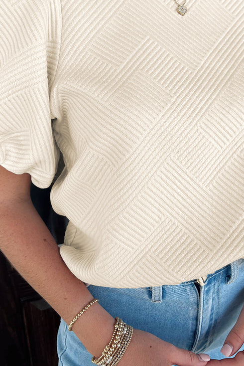 Textured Short Puff Sleeve Round Neck Pullover Top