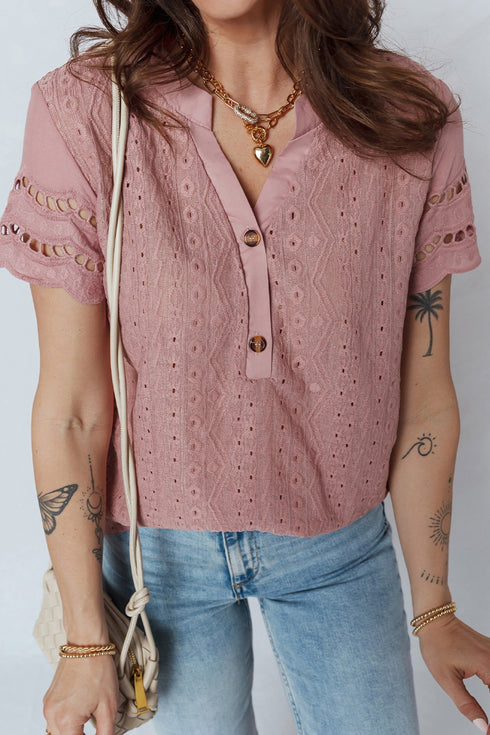 Textured Short Sleeve Button Front Casual Blouse