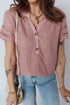 Textured Short Sleeve Button Front Casual Blouse