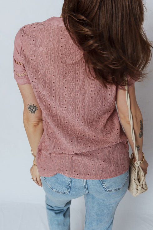 Textured Short Sleeve Button Front Casual Blouse