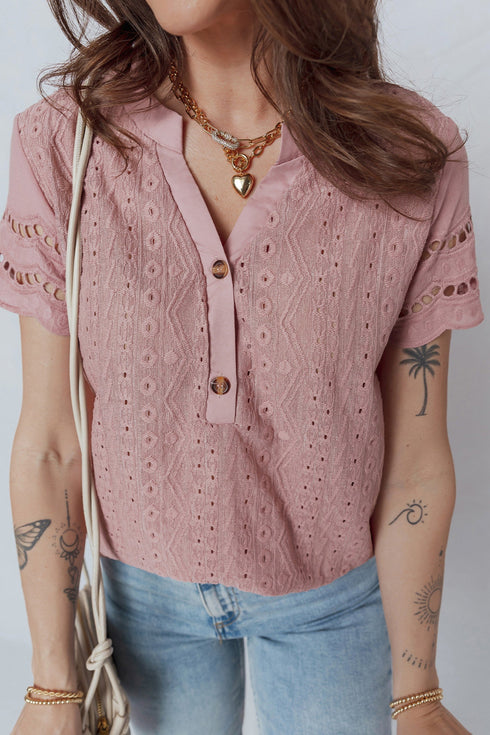 Textured Short Sleeve Button Front Casual Blouse