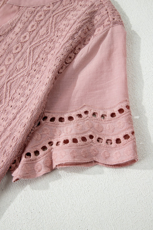 Textured Short Sleeve Button Front Casual Blouse