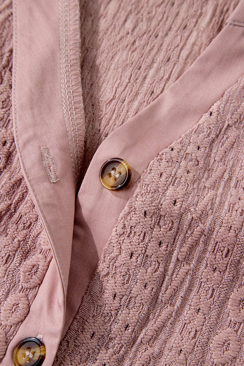 Textured Short Sleeve Button Front Casual Blouse