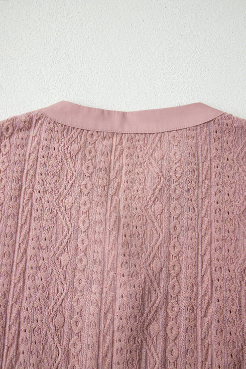 Textured Short Sleeve Button Front Casual Blouse