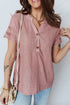 Textured Short Sleeve Button Front Casual Blouse