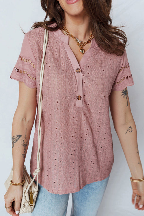 Textured Short Sleeve Button Front Casual Blouse