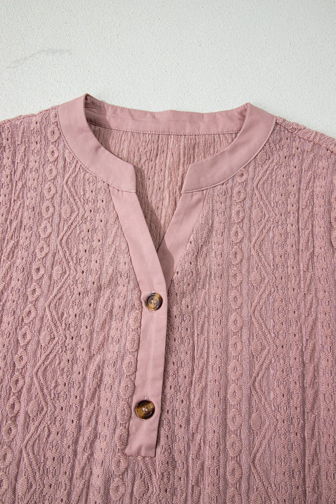 Textured Short Sleeve Button Front Casual Blouse