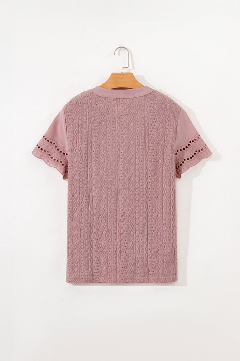 Textured Short Sleeve Button Front Casual Blouse