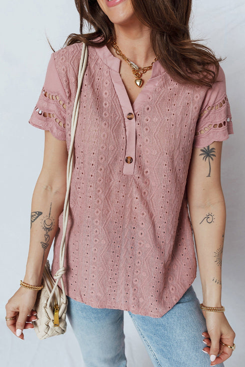 Textured Short Sleeve Button Front Casual Blouse