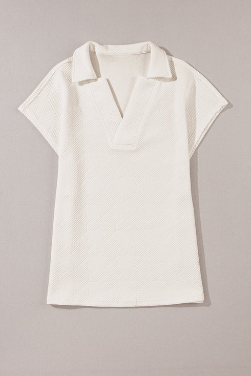Textured Short Sleeve Collared V Neck Top