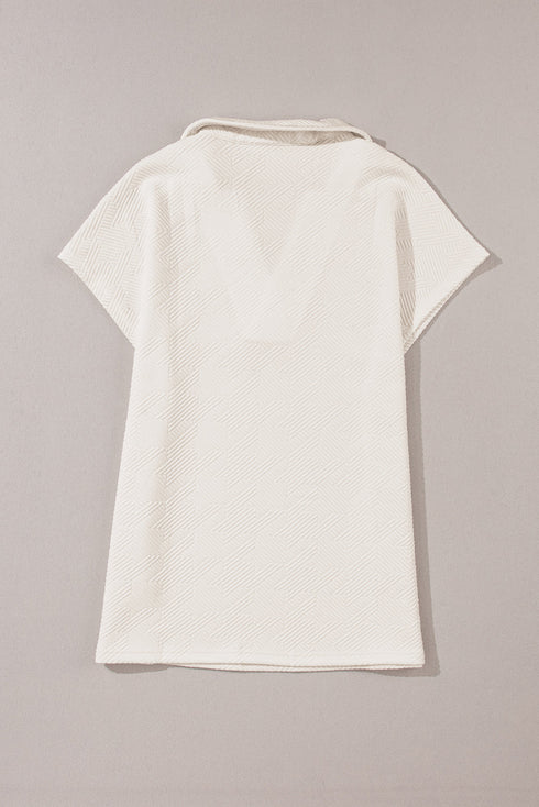 Textured Short Sleeve Collared V Neck Top