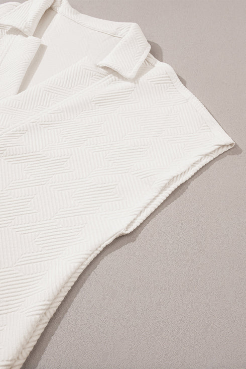 Textured Short Sleeve Collared V Neck Top