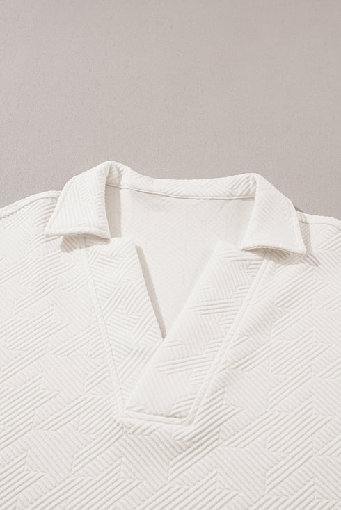 Textured Short Sleeve Collared V Neck Top