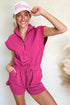 Textured Short Sleeve Half Zip Drawstring Waist Romper