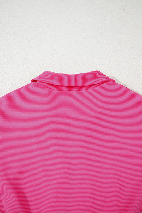 Textured Short Sleeve Half Zip Drawstring Waist Romper