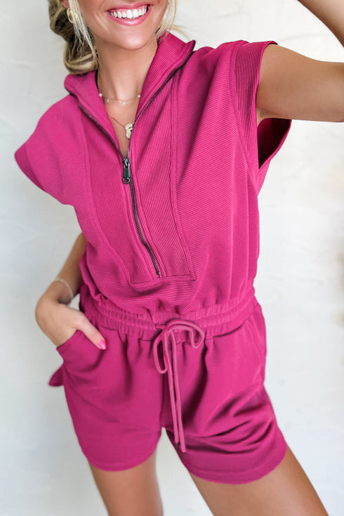 Textured Short Sleeve Half Zip Drawstring Waist Romper