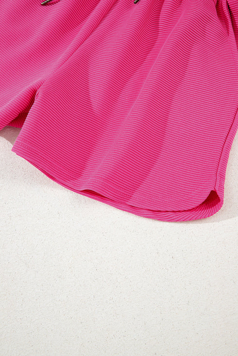 Textured Short Sleeve Half Zip Drawstring Waist Romper