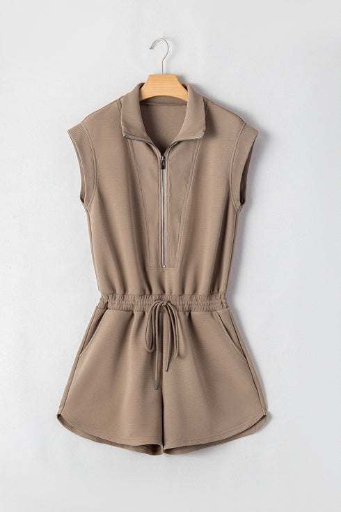 Textured Short Sleeve Half Zip Drawstring Waist Romper