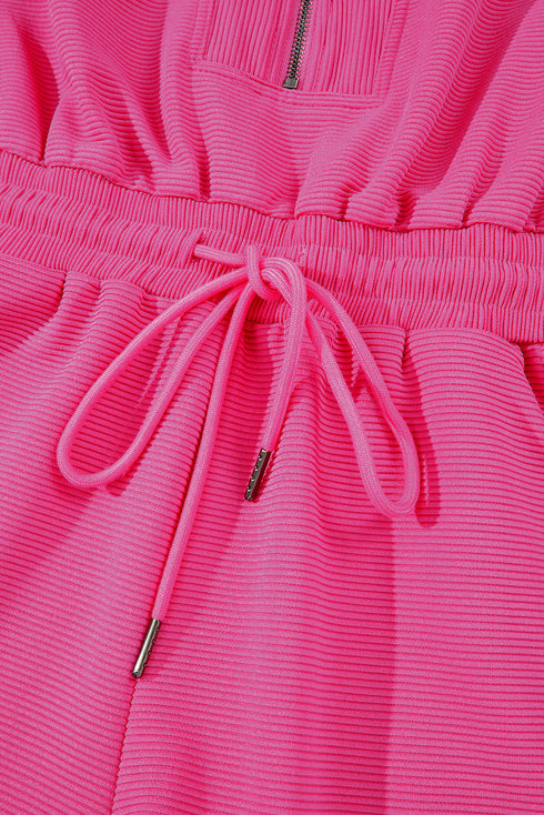 Textured Short Sleeve Half Zip Drawstring Waist Romper