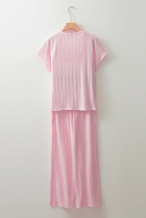 Textured Short Sleeve Henley Pocketed Wide Leg Pant Sets