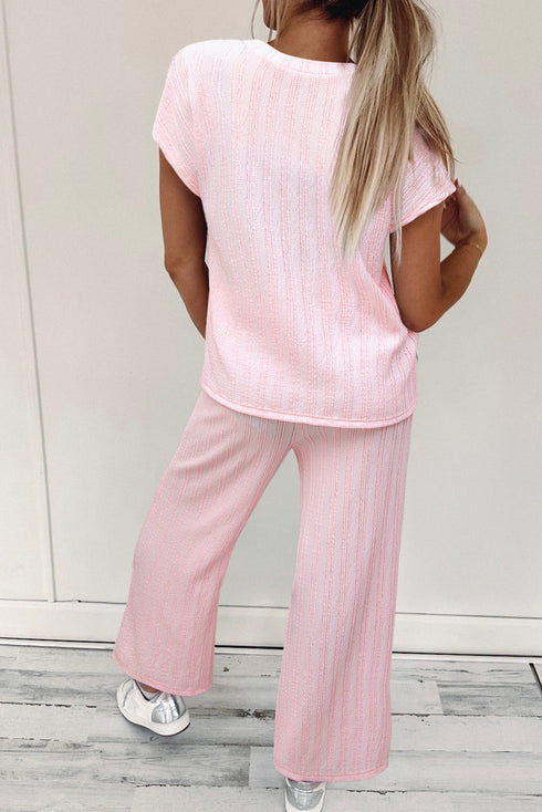 Textured Short Sleeve Henley Pocketed Wide Leg Pant Sets