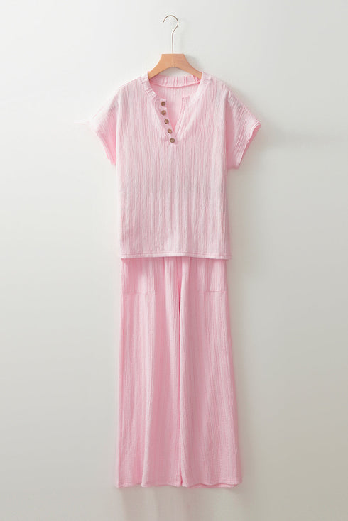 Textured Short Sleeve Henley Pocketed Wide Leg Pant Sets