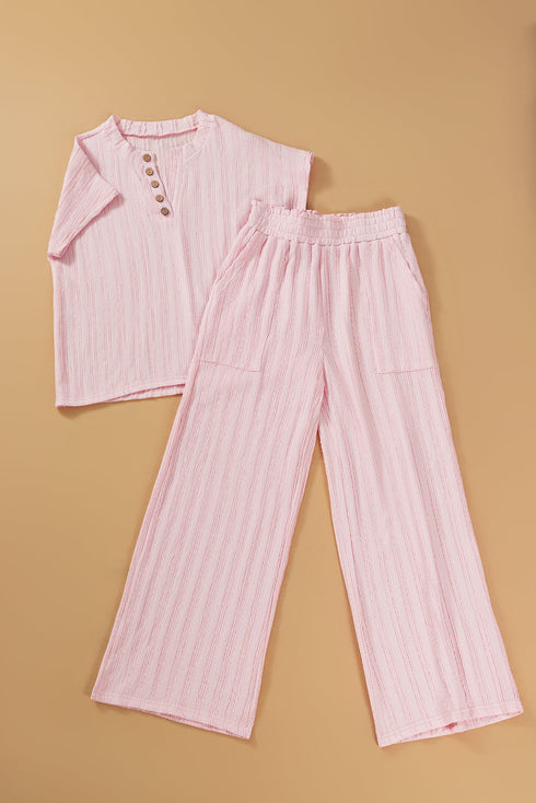 Textured Short Sleeve Henley Pocketed Wide Leg Pant Sets