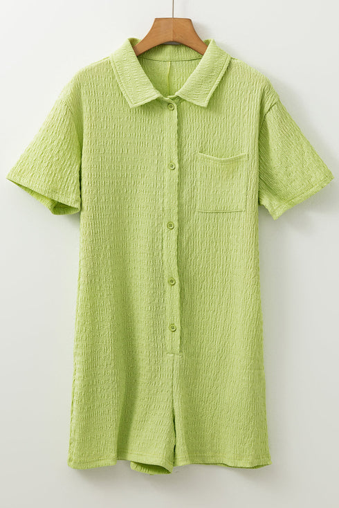 Textured Short Sleeve Patch Pocket Buttoned Shirt Romper