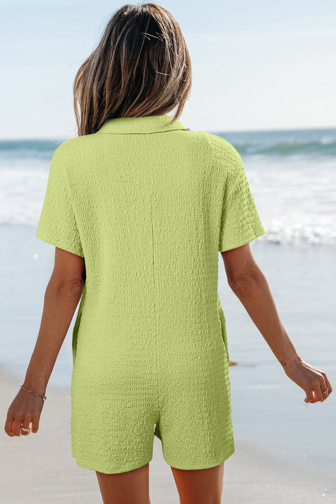 Textured Short Sleeve Patch Pocket Buttoned Shirt Romper