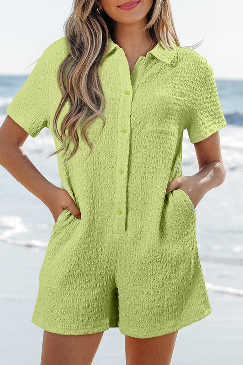 Textured Short Sleeve Patch Pocket Buttoned Shirt Romper