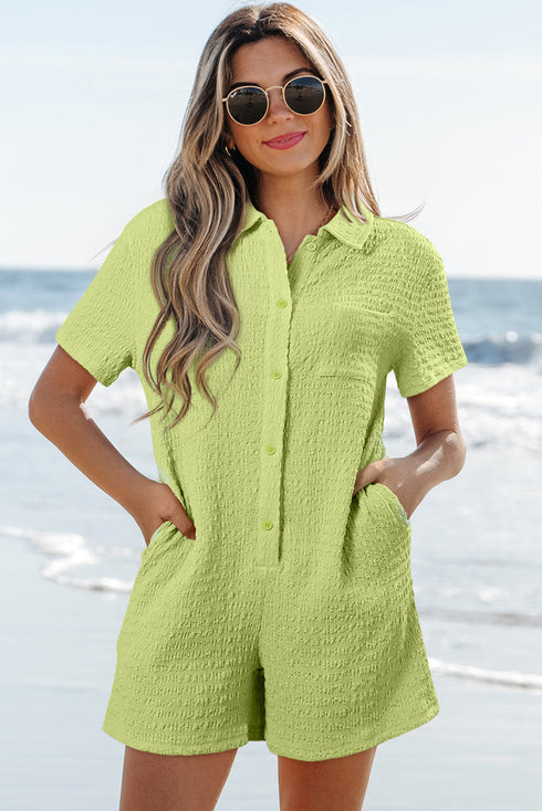 Textured Short Sleeve Patch Pocket Buttoned Shirt Romper