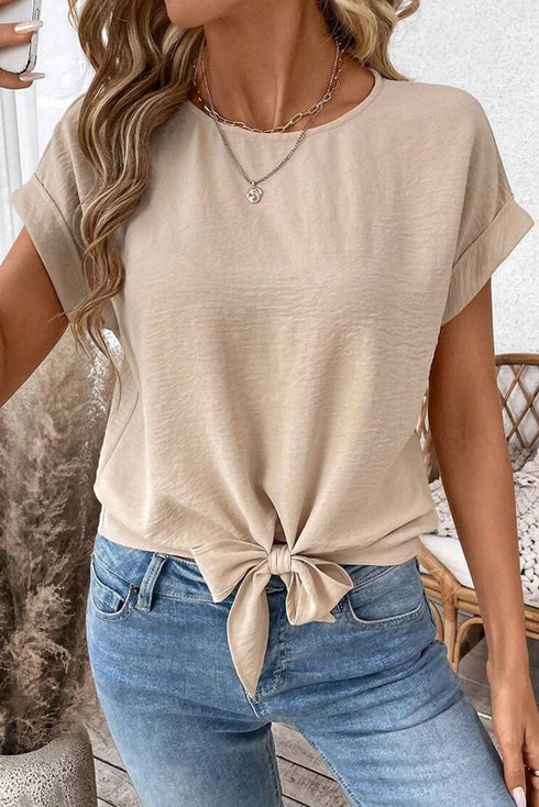 Textured Short Sleeve Tie Front Detail Casual Blouse