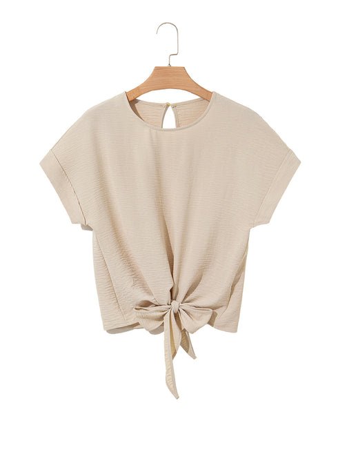 Textured Short Sleeve Tie Front Detail Casual Blouse